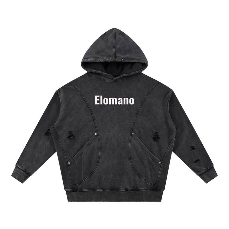 Snow Washed Distressed Panel Pocket Hoodie