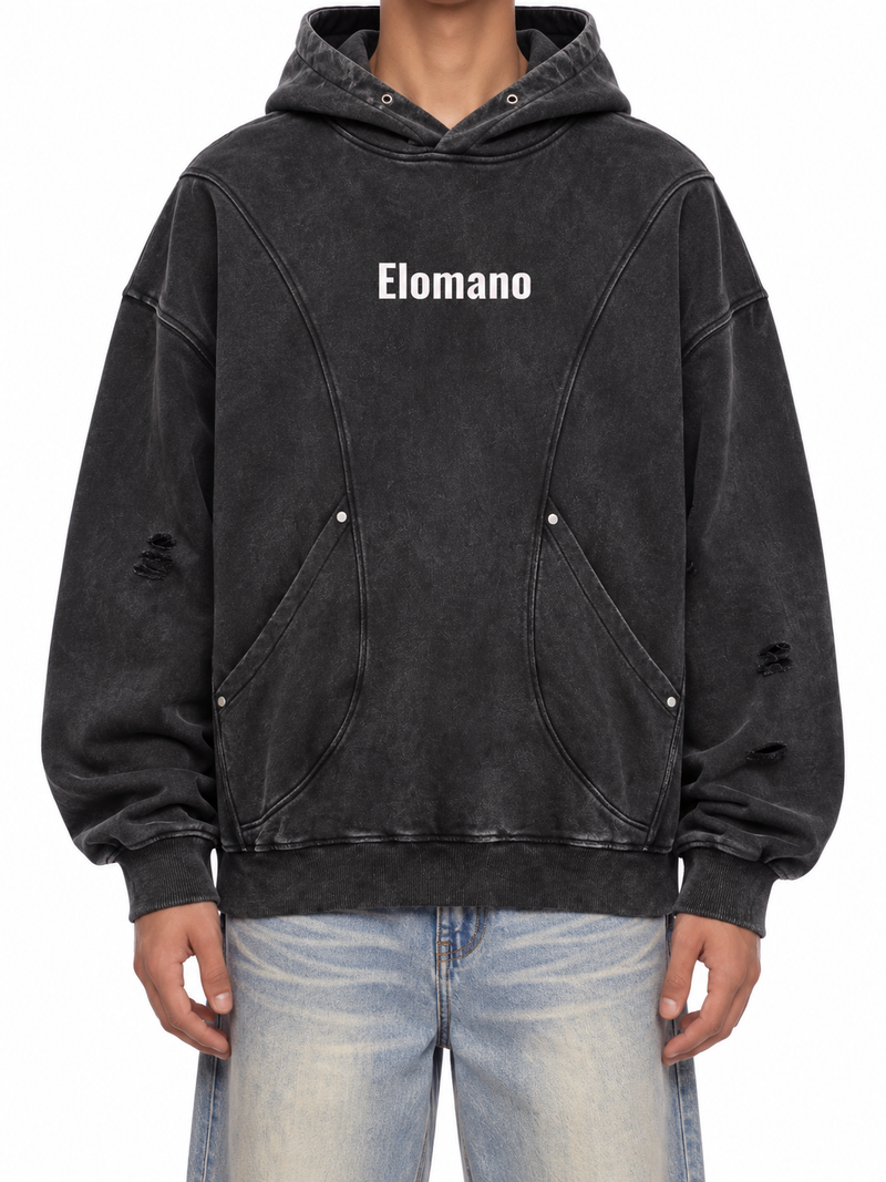 Snow Washed Distressed Panel Pocket Hoodie